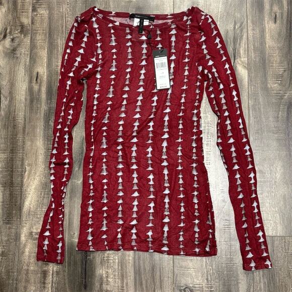 BCBG Women's Red Geometric Mesh Long Sleeve Blouse Size M Casual - Picture 1 of 5
